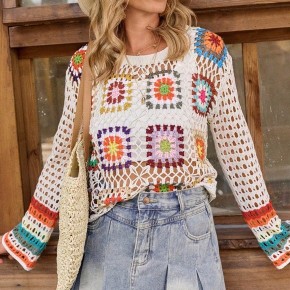 Boho Granny Square Colorful Long Sleeve Top - Picture 1 of 6